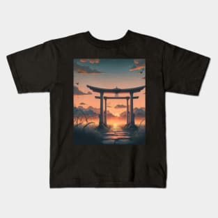 A Japanese Tori Gate view during Sunset - Anime Drawing Kids T-Shirt